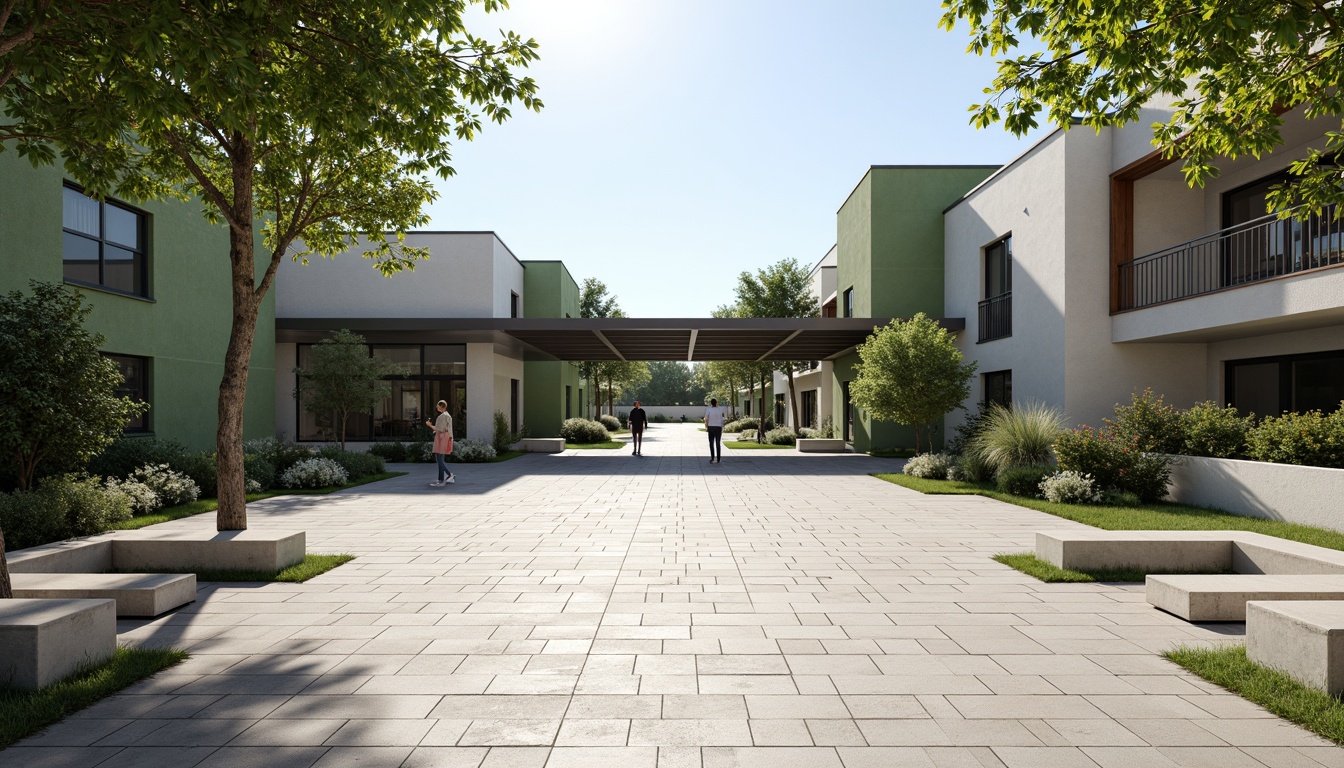 Prompt: Spacious open courtyard, minimalist landscape, simple stone pathways, modern low-rise buildings, clean lines, minimal ornamentation, natural light, airy atmosphere, industrial metal beams, polished concrete floors, green walls, urban oasis, calm ambiance, soft diffused lighting, shallow depth of field, 3/4 composition, panoramic view, realistic textures, ambient occlusion.