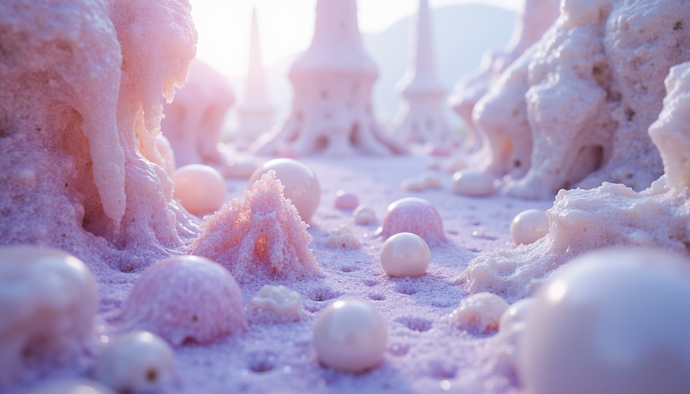 Prompt: Ethereal Lavacrete formations, iridescent hues, shimmering crystals, luminous orbs, pastel pink, soft lavender, misty blue, creamy white, pearlescent sheen, glossy finishes, intricate patterns, delicate filigree, whimsical shapes, dreamy atmosphere, warm ambient lighting, shallow depth of field, 1/1 composition, realistic textures, subtle animations.