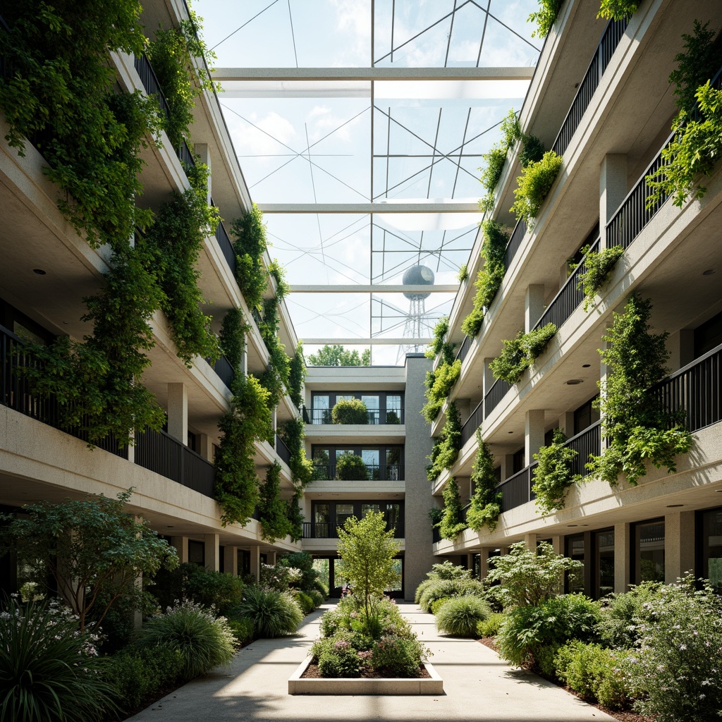 Prompt: Breezy atrium, natural light pouring in, lush green walls, ventilation towers, solar chimneys, clerestory windows, operable skylights, shading devices, overhangs, cantilevers, green roofs, living walls, wind catchers, thermal mass, earth sheltering, passive cooling, radiant cooling systems, evaporative cooling systems, desiccant cooling systems, natural convection, stack effect, cross ventilation, single-sided ventilation, double-sided ventilation, whole-house ventilation, night purge ventilation, diurnal cooling, building orientation, narrow floor plates, high ceilings, thermal comfort, indoor air quality, healthy building environments.