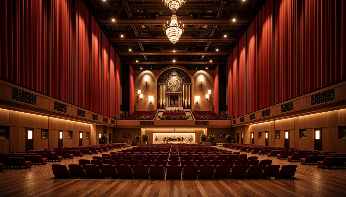 Prompt: Luxurious concert hall, velvety dark red curtains, polished wooden floors, elegant chandeliers, ornate balconies, plush crimson seats, state-of-the-art sound systems, adjustable acoustic panels, reverberation-enhancing surfaces, optimized speaker placement, refined audience seating, warm golden lighting, intimate atmosphere, shallow depth of field, 2/3 composition, soft focus blur, realistic textures, ambient occlusion.