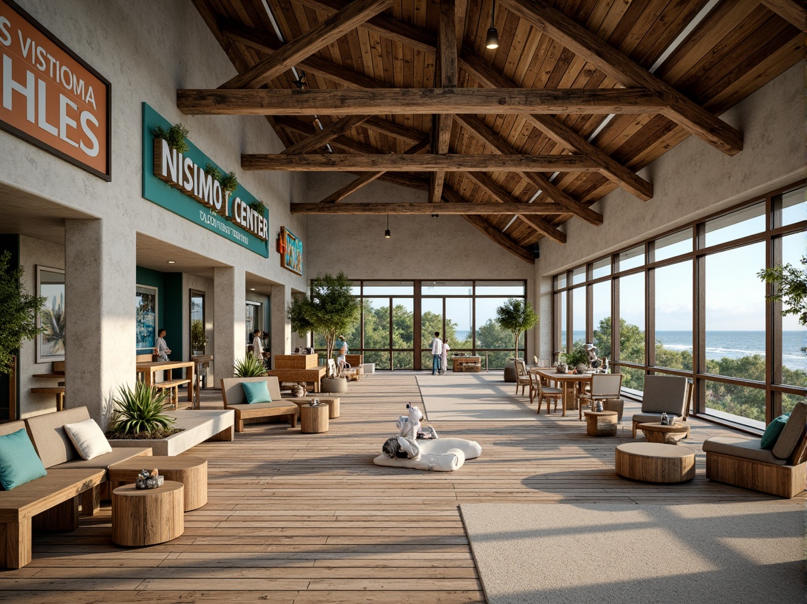 Prompt: Rustic coastal visitor center, weathered wood accents, driftwood-inspired furniture, ocean-breeze blown glass doors, nautical-themed signage, sandy walkways, beachy textures, sea-salt air, soft natural lighting, 1/1 composition, intimate view, realistic materials, ambient occlusion, reclaimed wooden planks, coral-inspired patterns, turquoise-colored accents, wavy lines, seashell decorations, ocean-view observation decks, telescopes, interactive exhibits, educational displays.