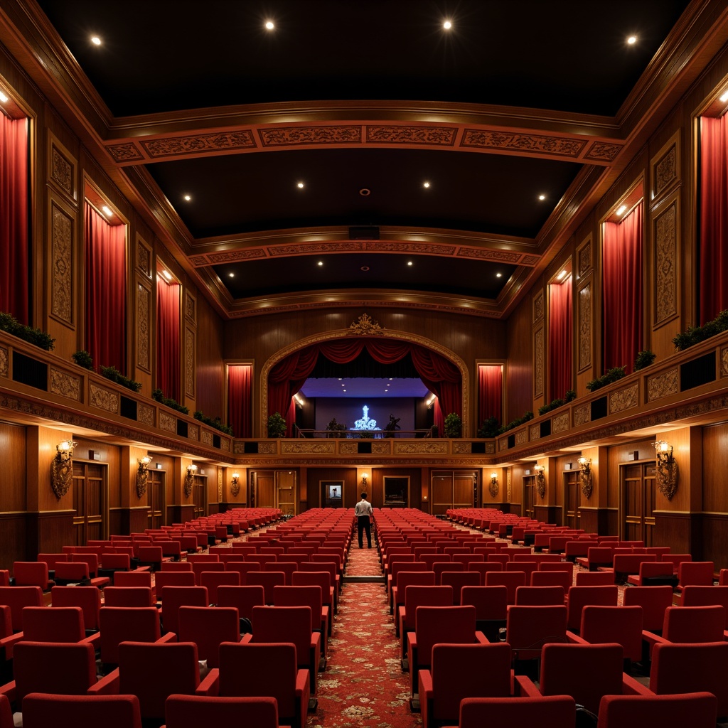 Prompt: Elegant theater interior, rich wood paneling, plush red velvet seats, ornate golden fixtures, subtle ambient lighting, acoustic soundproofing materials, precise speaker placement, optimized reverberation time, curved ceiling design, dramatic stage lighting, soft fabric draping, intricate molding details, refined audio equipment, sleek modern control booths, intimate audience seating, warm color scheme, high-fidelity sound reproduction, immersive cinematic experience.