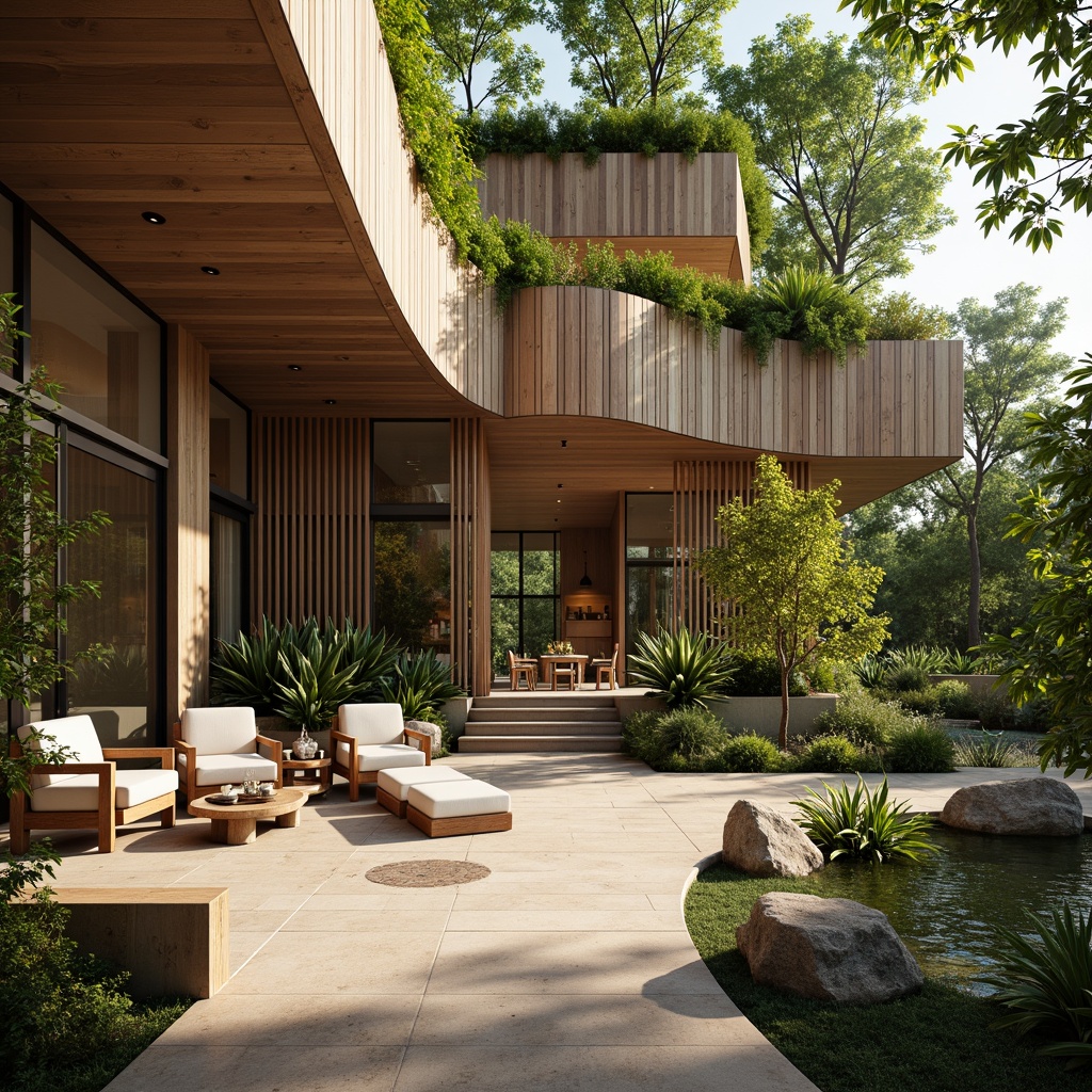 Prompt: Earthy tone, natural stone walls, reclaimed wood accents, bamboo flooring, living green roofs, lush vegetation, eco-friendly materials, sustainable design principles, organic shapes, curved lines, minimal ornamentation, earthy color palette, warm ambient lighting, soft shadows, shallow depth of field, 1/1 composition, realistic textures, ambient occlusion.