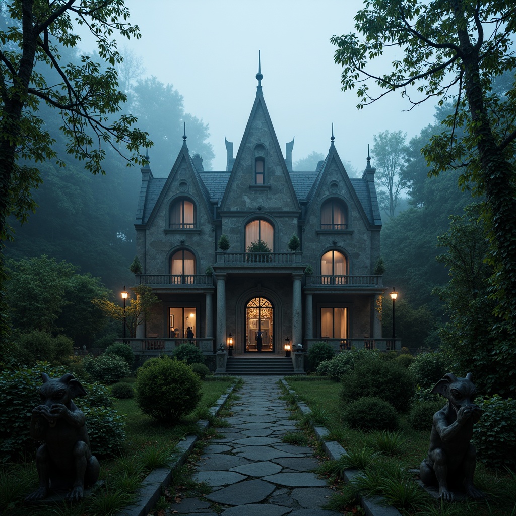 Prompt: Mysterious villa, Gothic spires, grand stone walls, overgrown ivy, twisted tree branches, misty atmosphere, eerie silence, foggy morning, ancient forest, moss-covered paths, lantern-lit walkways, ornate metal gates, intricate stone carvings, stained glass windows, mysterious gargoyles, weathered statues, eerie lighting, low-angle shot, cinematic composition, dramatic shadows, high contrast ratio.