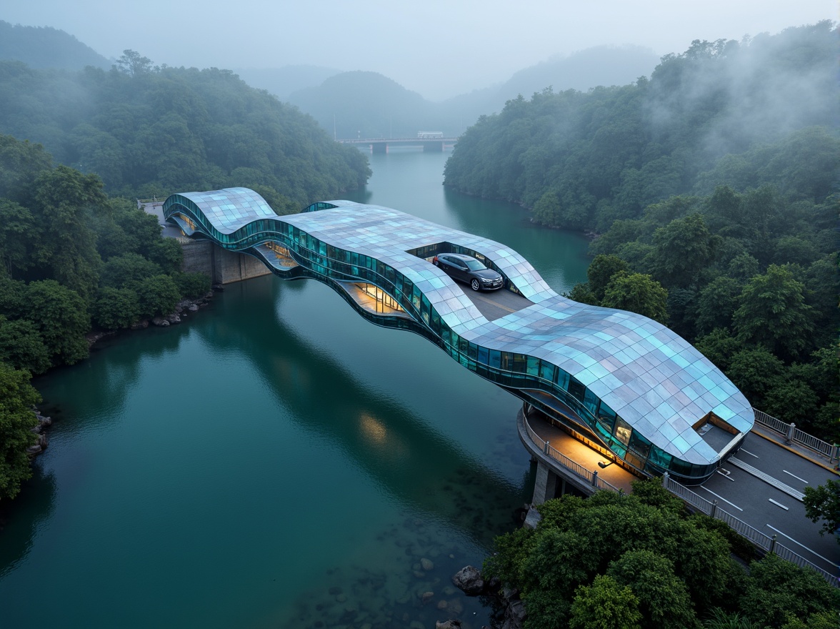 Prompt: Organic vehicular bridge, curvaceous lines, iridescent colors, translucent materials, undulating surfaces, futuristic architecture, sleek metallic accents, glowing neon lights, misty atmospheric effects, dramatic shadows, high-contrast lighting, cinematic composition, 3/4 view, shallow depth of field, vibrant turquoise waters, lush greenery surroundings, foggy morning atmosphere, soft warm glow, ambient occlusion.