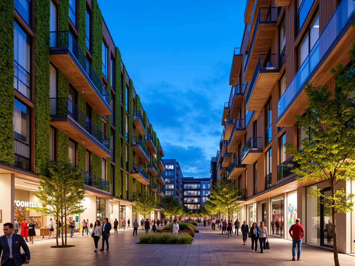 Prompt: Vibrant market square, social housing complex, modern fa\u00e7ade treatment, vertical green walls, aluminum cladding, wooden accents, large glass windows, sliding doors, cantilevered balconies, colorful street art, lively pedestrian traffic, bustling commercial activity, natural stone paving, urban landscape design, mixed-use development, community-focused architecture, sustainable building materials, energy-efficient systems, accessible public spaces, dynamic nighttime lighting, 3/4 composition, shallow depth of field, realistic textures.