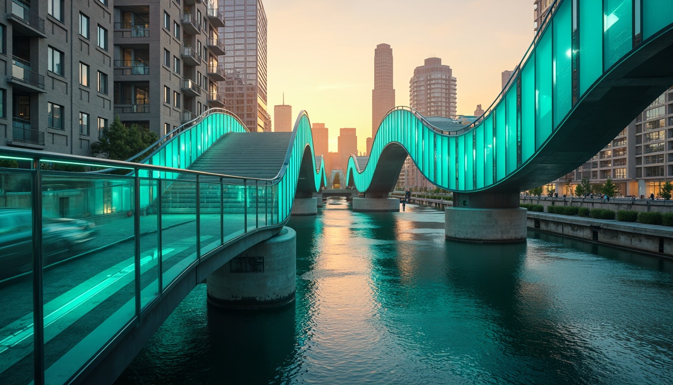 Prompt: Vibrant turquoise bridges, undulating curves, iridescent glass railings, polished chrome accents, luminous LED lighting, soft misty atmosphere, warm golden sunsets, serene water reflections, futuristic urban landscapes, sleek metallic textures, neon-lit cityscapes, dynamic diagonal compositions, high-contrast color schemes, 3D geometric patterns, atmospheric perspective views.