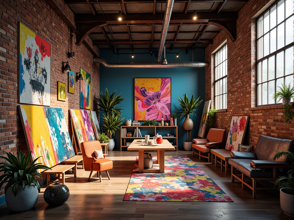 Prompt: Vibrant art studio, eclectic color palette, bold brushstrokes, abstract expressionism, textured canvases, modern art pieces, bright neon lights, industrial interior design, exposed brick walls, metal beams, wooden floors, trendy furniture, urban loft atmosphere, natural light pouring in, soft warm shadows, 1/2 composition, shallow depth of field, artistic freedom.