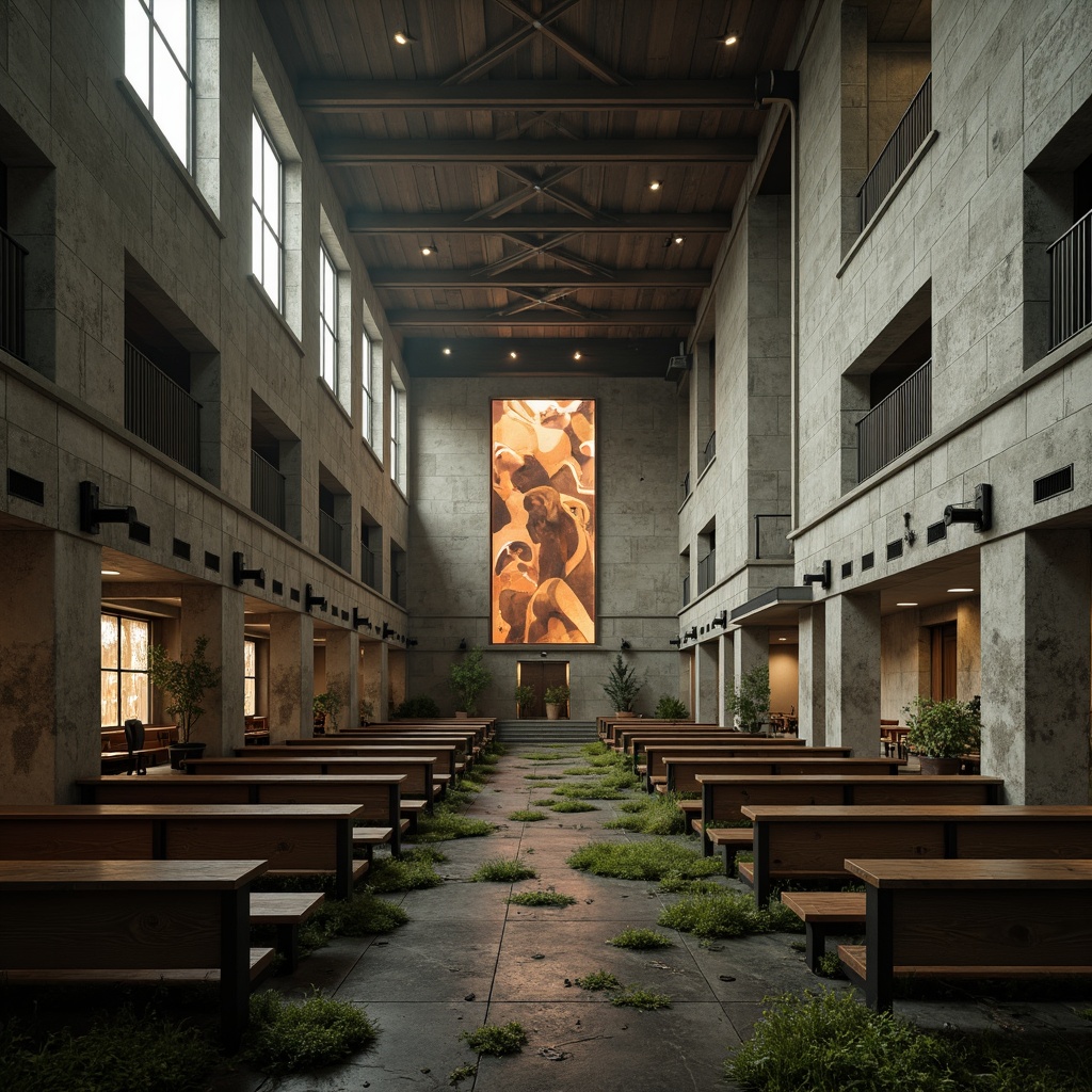 Prompt: Rugged brutalist church, weathered concrete walls, industrial-style steel beams, minimalist stained glass windows, earthy tone color palette, moss-covered stone floors, dramatic high ceilings, somber atmospheric lighting, eerie shadows, bold geometric shapes, raw unfinished textures, monochromatic color scheme, muted grays and beiges, subtle pops of rust orange, weathered wooden pews, industrial-style metal accents, abstract expressionist artwork, mysterious ambiance, cinematic wide-angle shots, 1/1 composition, high-contrast lighting, atmospheric fog effects.