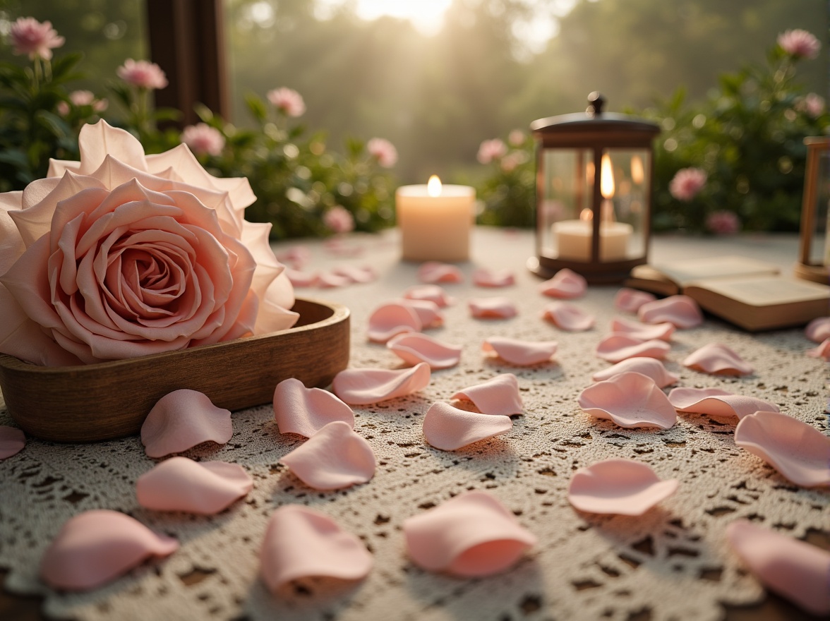 Prompt: Soft rose petals, gentle blush hues, warm beige tones, creamy whites, rich wood accents, delicate lace textures, vintage floral patterns, romantic candlelight, whimsical garden scenery, lush greenery, misty morning atmosphere, soft focus photography, 1/2 composition, shallow depth of field, realistic rendering.