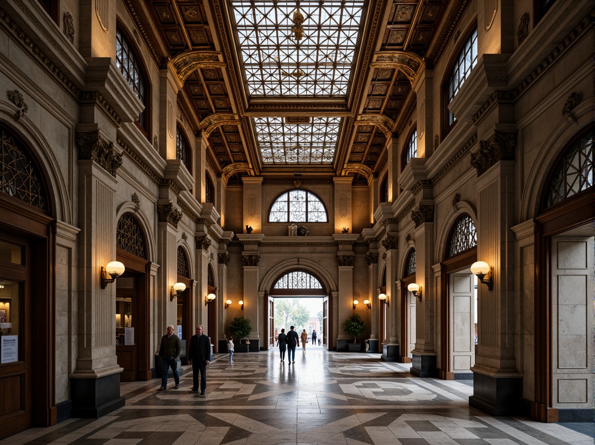 Prompt: Monumental banking hall, ornate metalwork, geometric patterns, grandiose entrance, imposing columns, symmetrical fa\u00e7ade, rusticated stone walls, arched windows, decorative cornices, intricate moldings, luxurious materials, bronze details, dramatic lighting, high contrast, 1/1 composition, close-up shot, realistic reflections, ambient occlusion.