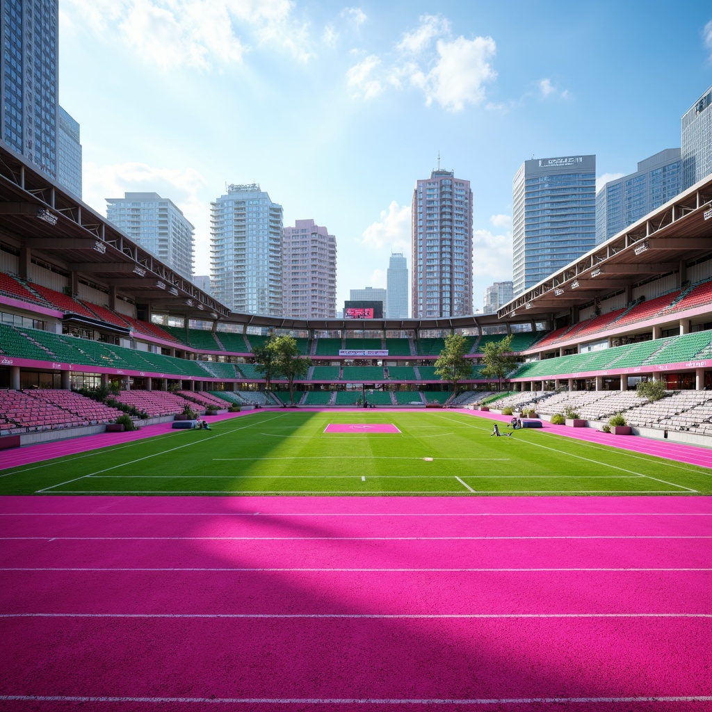 Prompt: Vibrant fuchsia sports field, urban landscape, cityscape background, modern stadium architecture, sleek metal bleachers, bright artificial turf, bold white markings, dynamic athletic tracks, energetic atmosphere, warm sunny day, soft focus effect, shallow depth of field, 1/2 composition, realistic textures, ambient occlusion.