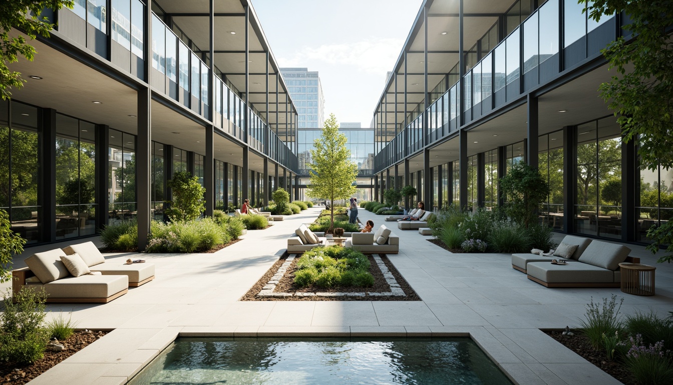 Prompt: Minimalist glass buildings, transparent facades, open floor plans, airy atriums, natural light pouring in, sleek metal frames, polished concrete floors, modern minimalist furniture, green walls, living plants, water features, calming sounds, shallow depth of field, 1/1 composition, soft warm lighting, ambient occlusion, realistic textures.