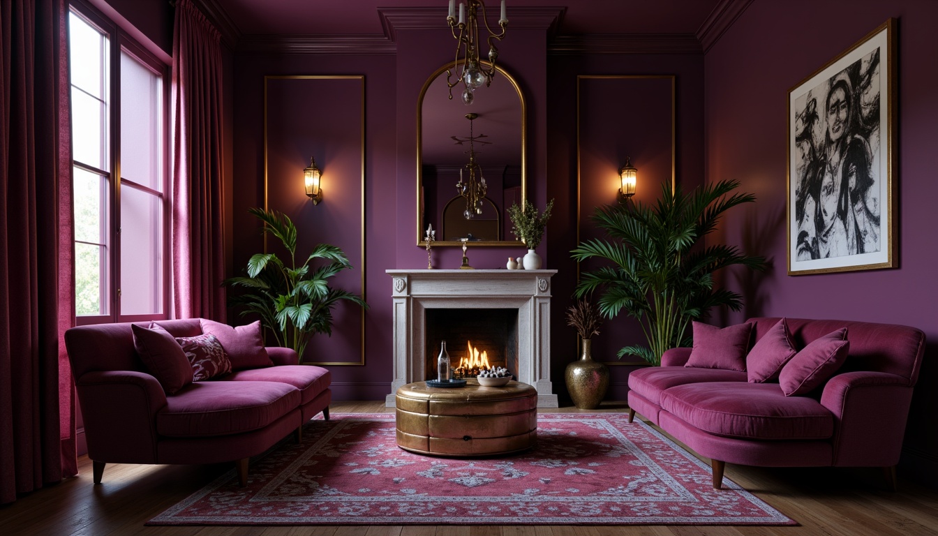 Prompt: Luxurious plum accents, rich jewel-toned walls, ornate gold fixtures, velvety soft furnishings, lavish drapery, sophisticated modern interior, eclectic bohemian decor, moody atmospheric lighting, dramatic shadows, mysterious ambiance, abstract expressionist artwork, bold creative patterns, indulgent textures, opulent metallic accents, refined elegance, sumptuous luxury, intimate cozy atmosphere.