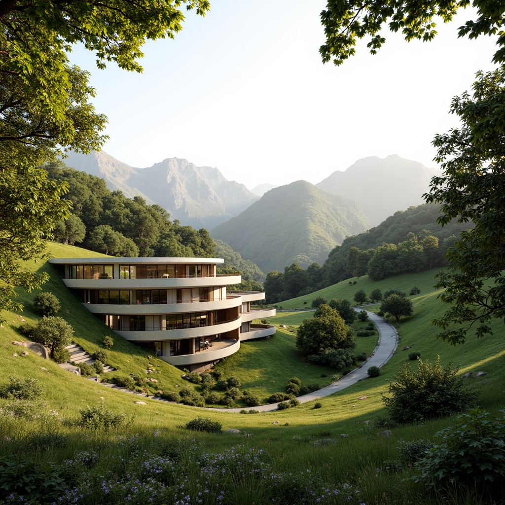 Prompt: Sweeping hills, lush greenery, meandering pathways, modern architecture, curved lines, minimalist design, cantilevered structures, floor-to-ceiling windows, natural stone walls, wooden accents, organic forms, seamless transitions, abundant daylight, soft warm lighting, shallow depth of field, 3/4 composition, panoramic view, realistic textures, ambient occlusion.