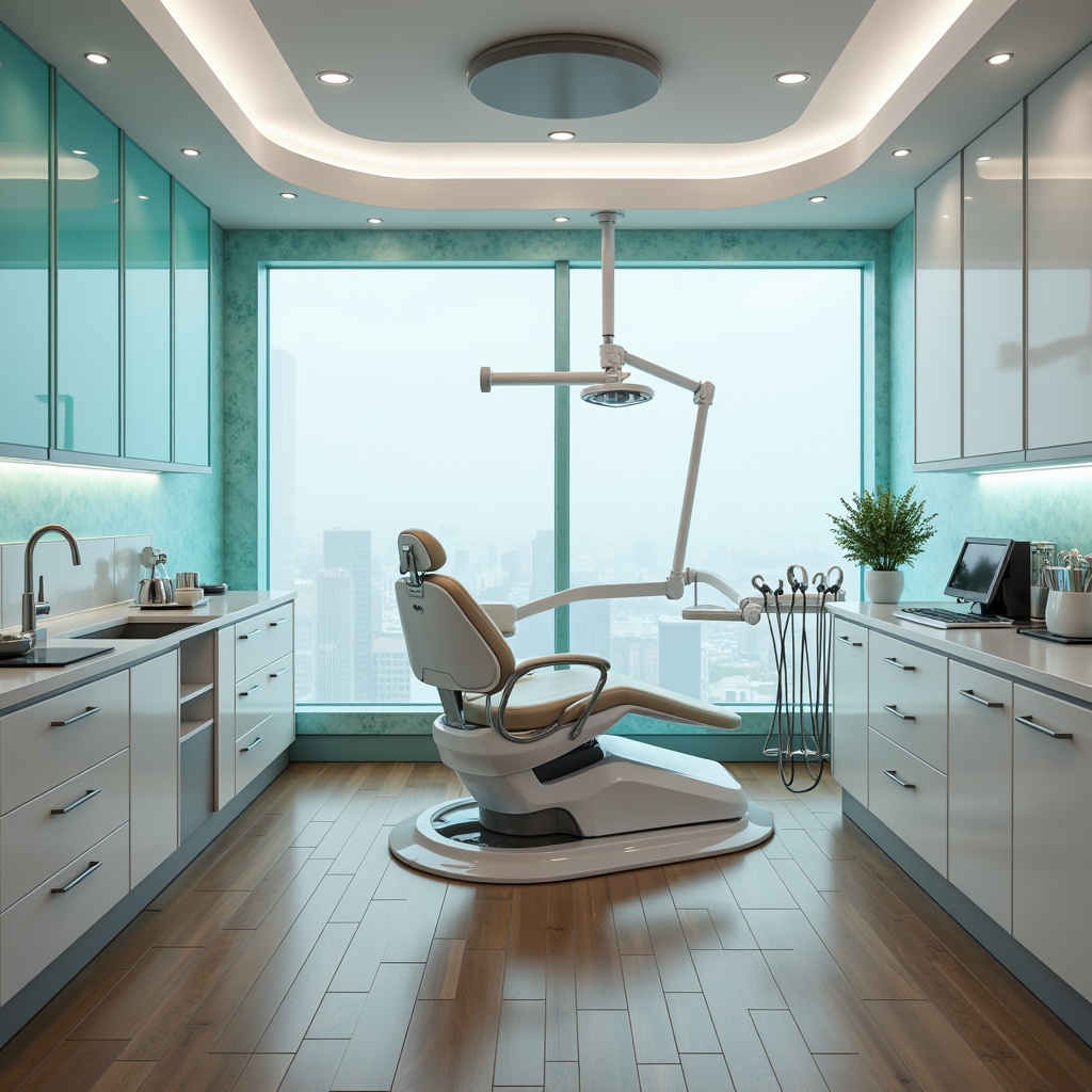 Prompt: Sleek dental clinic, modern minimalist interior, polished chrome fixtures, glossy white countertops, LED lighting, frosted glass partitions, ergonomic dentist chairs, high-tech medical equipment, calming aqua blue accents, smooth wooden floors, subtle texture patterns, futuristic design elements, curved lines, optimized workflow layout, ample natural light, softbox lighting, 1/1 composition, shallow depth of field, realistic render.