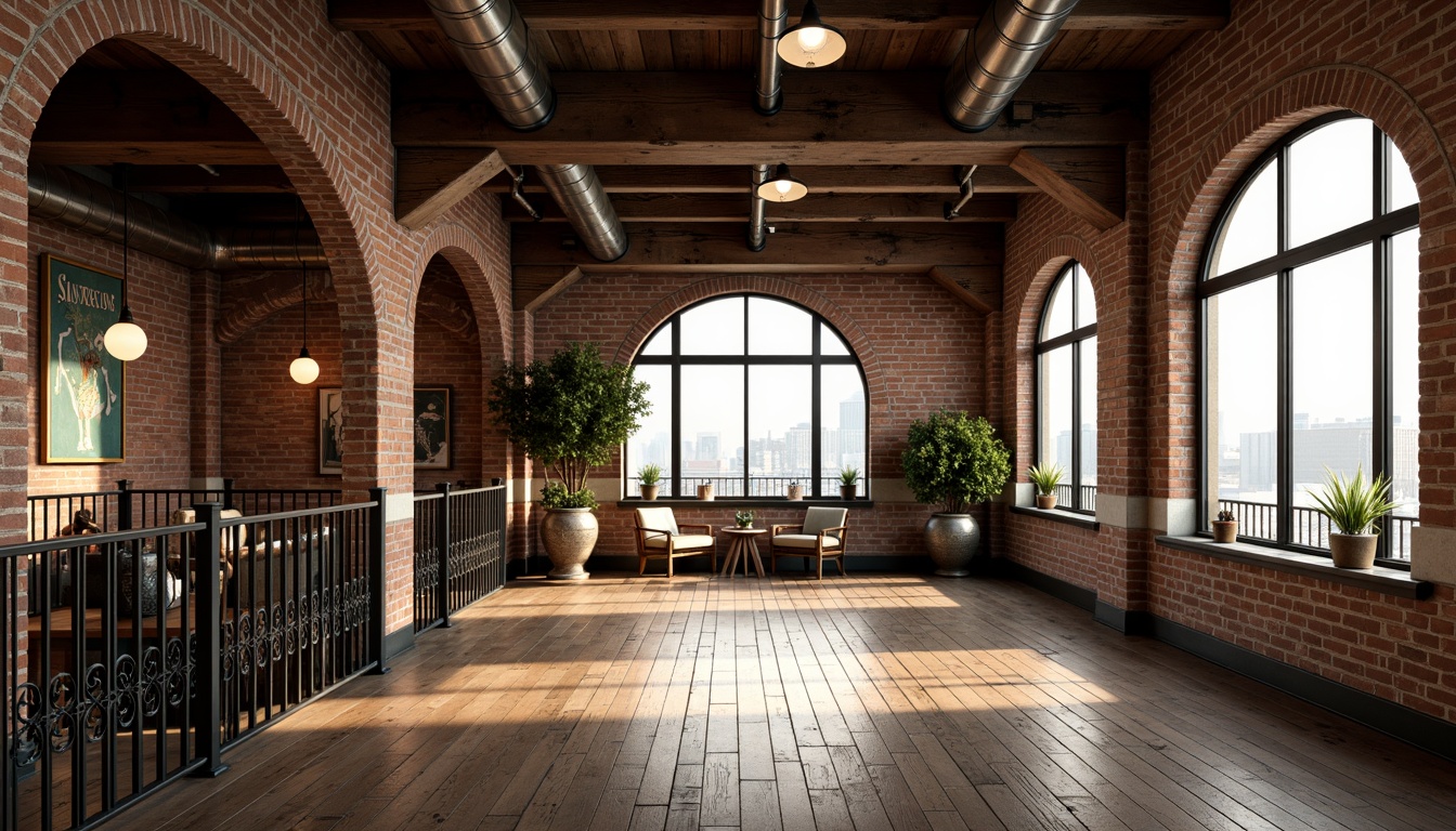 Prompt: Exposed brick walls, distressed wood beams, industrial metal pipes, reclaimed wooden floors, earthy tone color palette, natural stone accents, arched windows, ornate metal railings, vintage decorative lighting, urban cityscape views, soft warm glow, shallow depth of field, 1/1 composition, realistic textures, ambient occlusion.