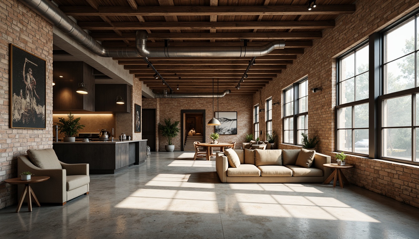 Prompt: Rustic stone walls, smooth concrete floors, metallic accents, wooden beams, textured brick facades, industrial chic interiors, reclaimed wood furniture, distressed metal finishes, earthy tone color palette, natural light pouring in, shallow depth of field, 3/4 composition, atmospheric perspective, realistic textures, ambient occlusion.