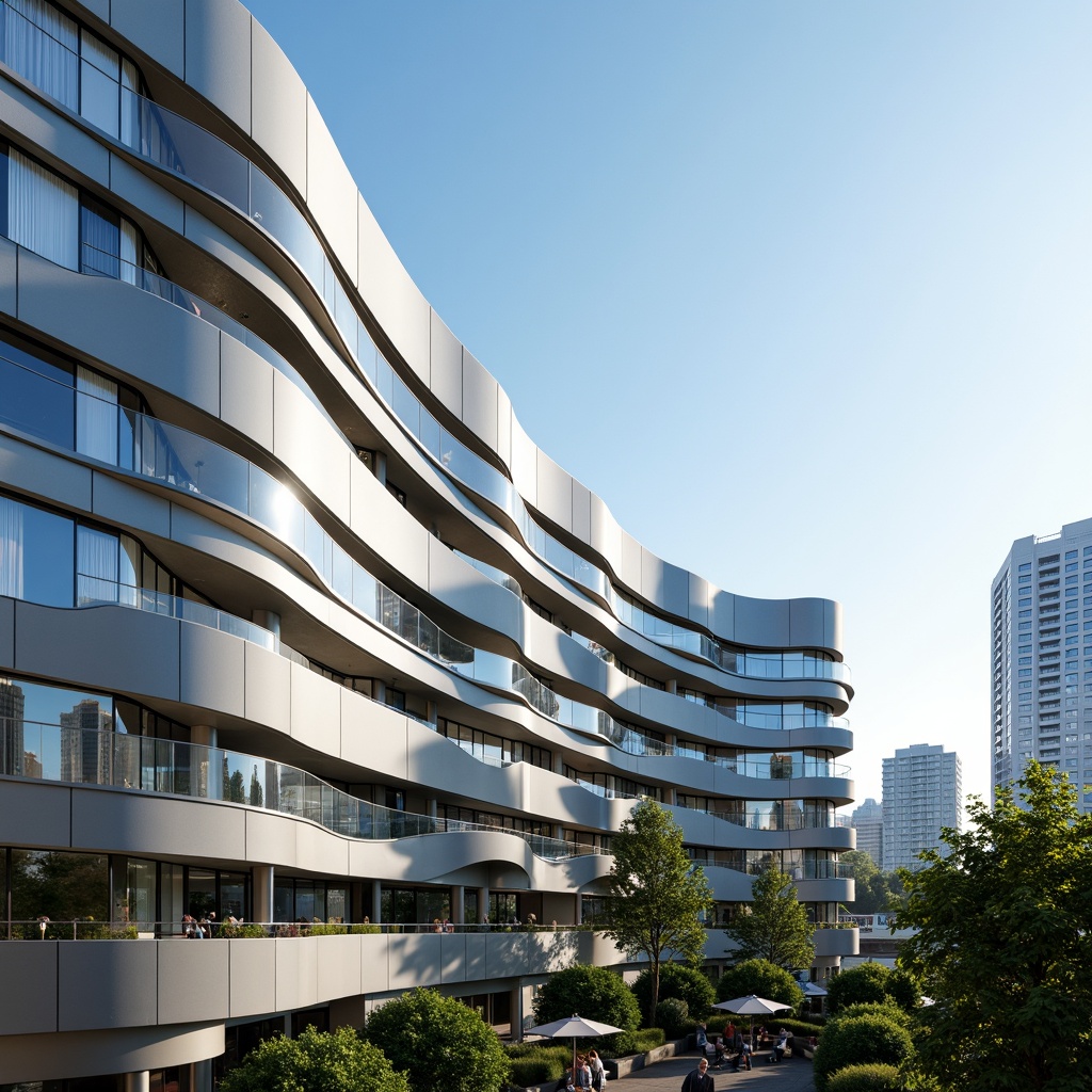 Prompt: Curved building facade, metallic materials, reflective glass surfaces, angular lines, minimalist design, modern streamline moderne architecture, futuristic aesthetic, high-rise structure, cityscape background, clear blue sky, sunny day, soft warm lighting, shallow depth of field, 3/4 composition, panoramic view, realistic textures, ambient occlusion, sleek ventilation systems, green roofs, eco-friendly materials, innovative cooling technologies, shaded outdoor spaces.