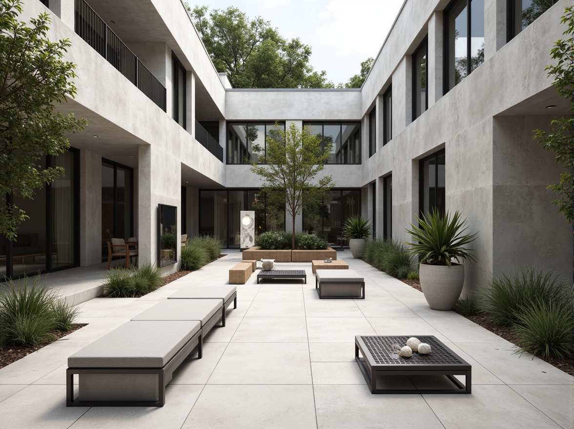 Prompt: Spacious open-air courtyard, minimalist concrete flooring, sleek metal benches, sparse greenery, modern abstract sculptures, neutral color palette, abundant natural light, floor-to-ceiling windows, sliding glass doors, industrial-chic lighting fixtures, airy atmosphere, shallow depth of field, 1/1 composition, panoramic view, realistic textures, ambient occlusion.