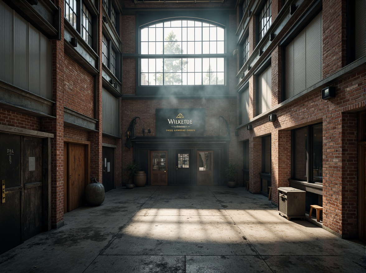 Prompt: Exposed brick walls, industrial metal frames, reclaimed wood accents, corrugated steel cladding, weathered concrete floors, minimalist signage, rustic wooden doors, vintage warehouse windows, urban loft atmosphere, dramatic natural light, gritty textures, moody color palette, atmospheric fog effect, cinematic lighting, 1-point perspective composition, realistic wear and tear, ambient occlusion.