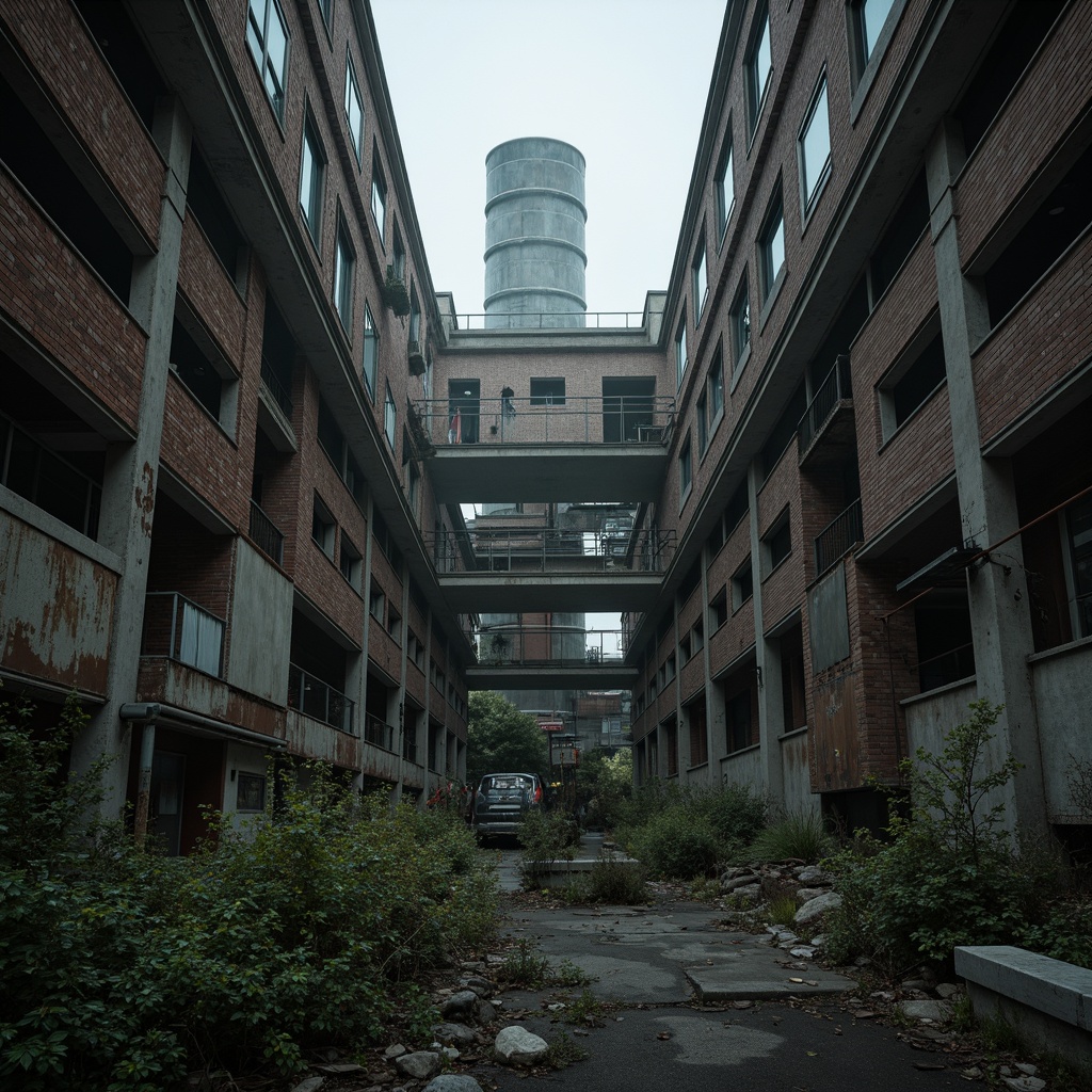 Prompt: Abandoned industrial sites, crumbling brick walls, rusty metal structures, overgrown vegetation, urban decay, cinematic lighting, dramatic shadows, Deconstructivist architecture, fragmented buildings, unconventional forms, exposed ductwork, distressed concrete, abstract compositions, high-contrast cinematography, 1/1 composition, low-angle shots, moody atmosphere, foggy weather conditions, desaturated colors, gritty textures, avant-garde style.