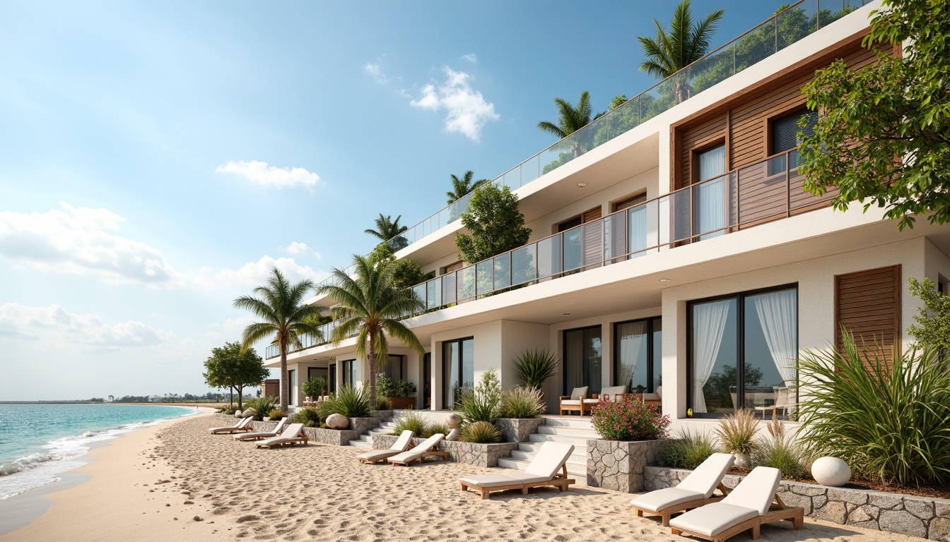 Prompt: Calming beachside buildings, soft pastel colors, serene ocean views, warm sandy textures, driftwood accents, natural stone foundations, coastal-inspired architecture, large windows, sliding glass doors, breezy outdoor spaces, shaded balconies, vibrant coral hues, soothing turquoise tones, creamy whites, weathered wood exteriors, seaside-inspired patterns, tropical palm trees, sunny clear skies, soft warm lighting, shallow depth of field, 1/1 composition, realistic textures, ambient occlusion.