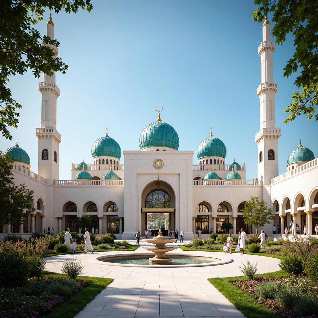 Prompt: Elegant mosque architecture, ornate minarets, intricate archways, gleaming white marble, Islamic geometric patterns, vibrant turquoise domes, sacred calligraphy, stained glass windows, soft warm lighting, shallow depth of field, 1/1 composition, realistic textures, ambient occlusion, grand entrance gates, peaceful courtyards, serene water features, lush greenery, blooming flowers, sunny day, clear blue sky.