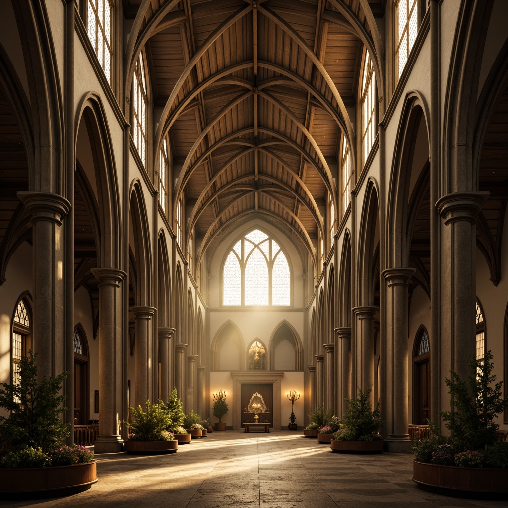 Prompt: Ethereal cathedrals, soaring vertical lines, pointed arches, ribbed vaults, flying buttresses, intricate stone carvings, stained glass windows, grandiose entranceways, ornate pinnacles, mystical atmosphere, warm golden lighting, dramatic shadows, high contrast ratios, 1/2 composition, symmetrical framing, realistic textures, ambient occlusion.