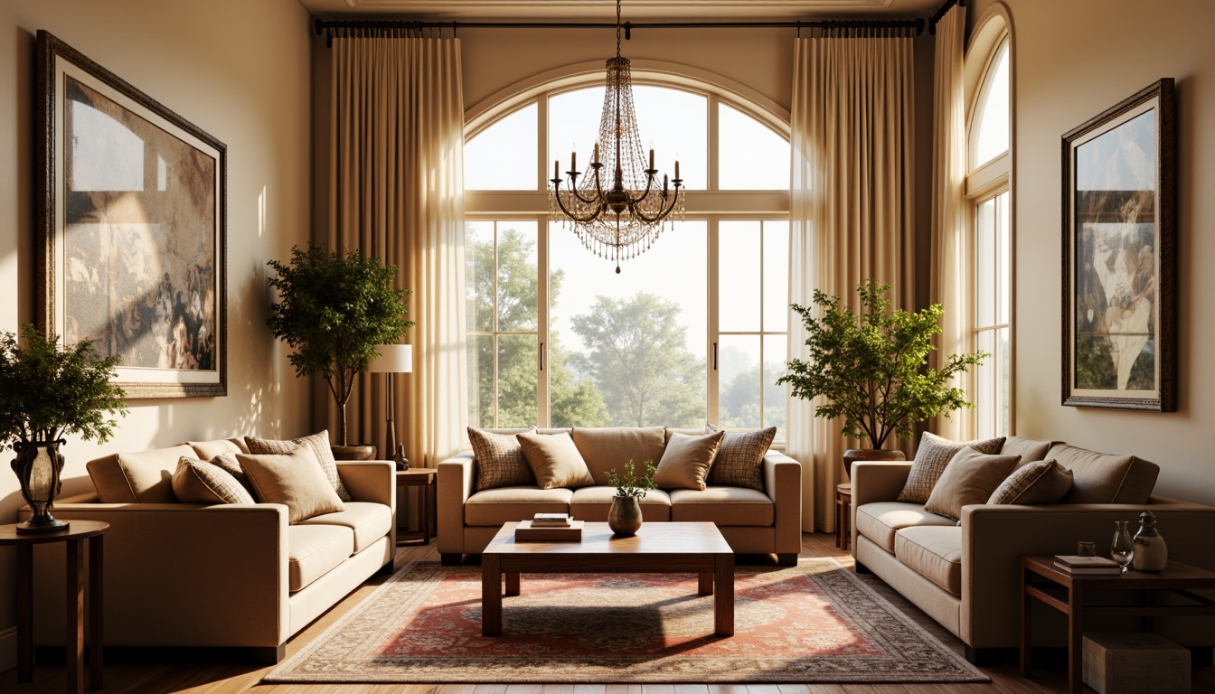 Prompt: Cozy living room, warm beige walls, plush velvet sofas, wooden coffee tables, vintage rug, floor-to-ceiling windows, natural daylight, soft golden lighting, elegant chandeliers, cream-colored curtains, textured throw pillows, rustic wooden accents, modern minimalist decor, sophisticated color palette, calming atmosphere, intimate seating areas, rich wood flooring, ornate mirrors, luxurious fabrics, inviting scents, 1/1 composition, soft focus blur, warm ambient glow.