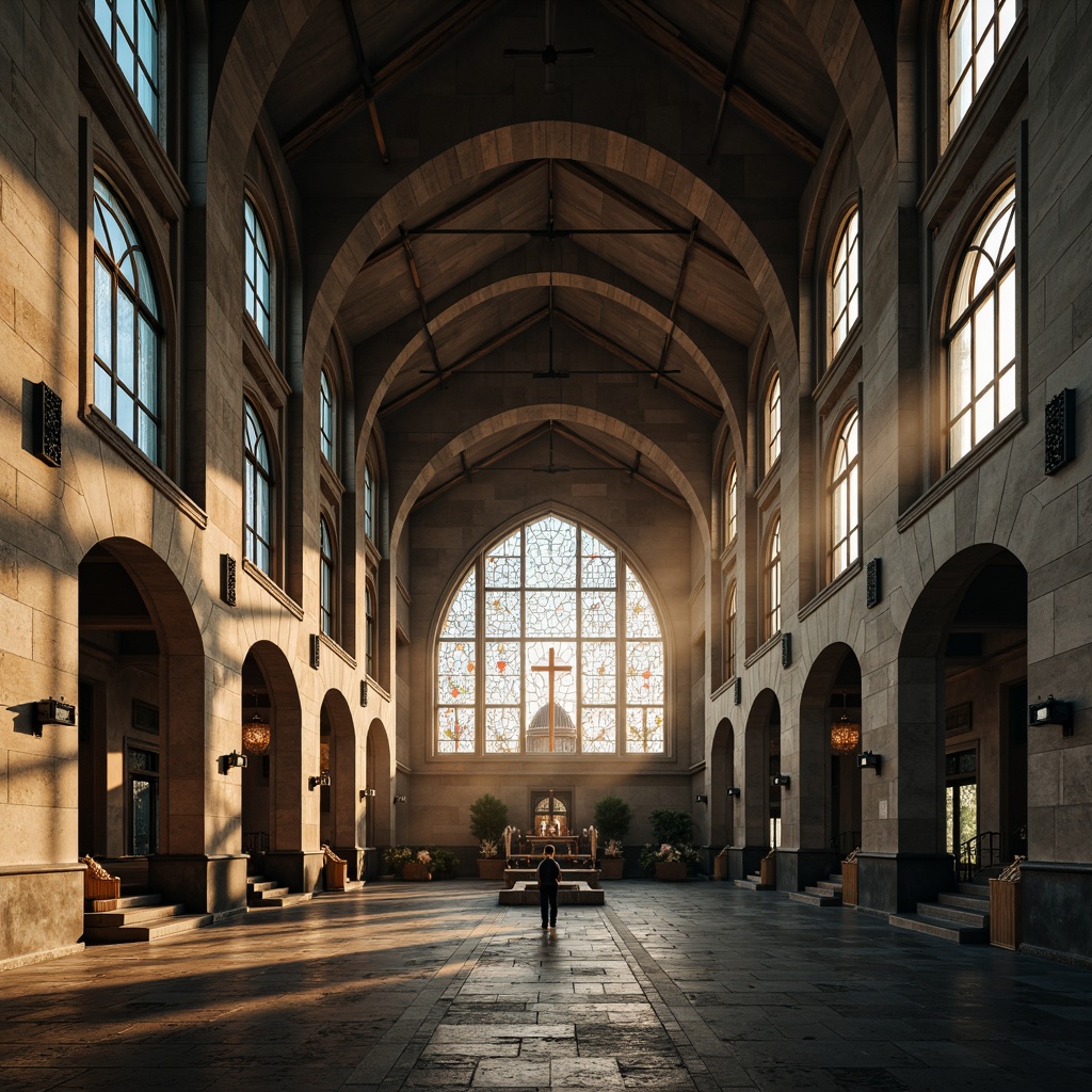 Prompt: Rugged brutalist church, raw concrete walls, dramatic natural lighting, stained glass windows, grandiose vaulted ceilings, industrial-style pipes, minimalist decor, sacred symbols, ornate crosses, weathered stone floors, mysterious shadows, high contrast ratios, warm golden hour, soft diffused light, cinematic composition, symmetrical framing, detailed textures, ambient Occlusion.