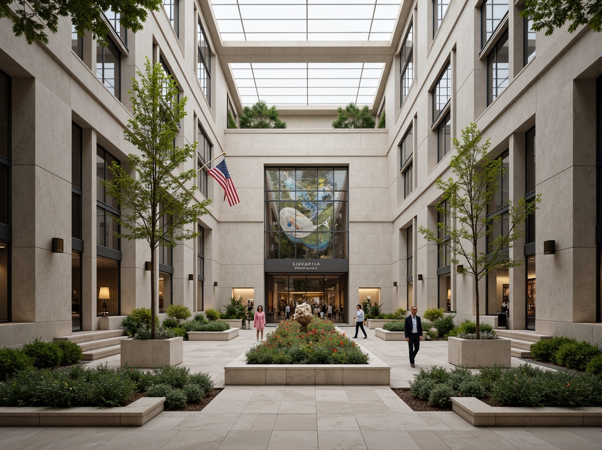 Prompt: Grand courthouse building, symmetrical facade, columnar architecture, marble cladding, sleek glass entrance, bronze door handles, American flag, landscaped courtyard, lush greenery, vibrant flowers, modernist sculptures, abstract artwork, neutral color palette, natural stone flooring, high ceilings, clerestory windows, indirect lighting, 1/2 composition, atmospheric perspective, subtle texture details, ambient occlusion.