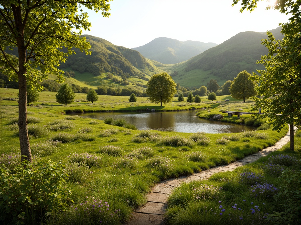 Prompt: Serene grasslands, rolling hills, wildflower meadows, tranquil ponds, natural stone pathways, wooden fences, rustic benches, lush greenery, vibrant flora, soft warm lighting, shallow depth of field, 3/4 composition, panoramic view, realistic textures, ambient occlusion.