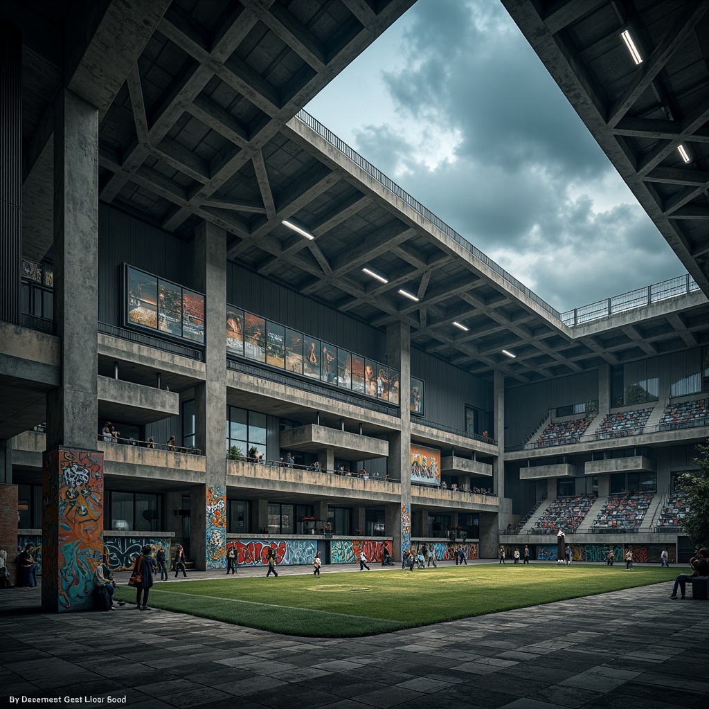 Prompt: Rugged football stadium, brutalist architecture, exposed concrete structures, raw steel beams, monumental columns, cantilevered roofs, angular lines, fortress-like facades, urban landscape, vibrant graffiti, nighttime illumination, dramatic shadows, intense atmosphere, dynamic camera angles, high-contrast lighting, gritty textures, realistic weathering effects.