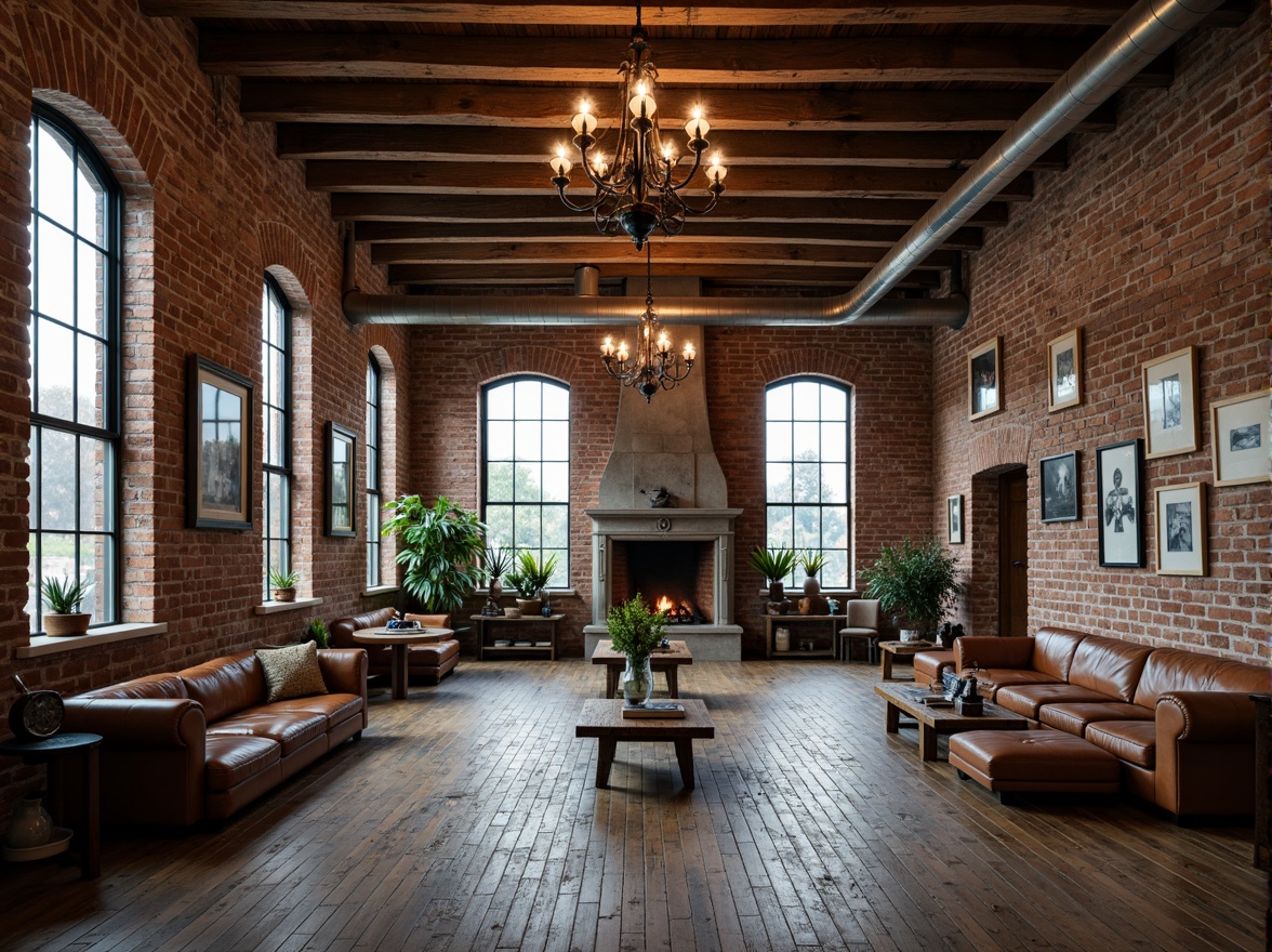 Prompt: Exposed brick walls, wooden beam ceilings, industrial metal pipes, reclaimed wood floors, vintage decorative items, distressed leather sofas, ornate stone fireplaces, grand chandeliers, arched windows, rustic wooden tables, cozy reading nooks, soft warm lighting, shallow depth of field, 3/4 composition, atmospheric ambiance, realistic textures, ambient occlusion.