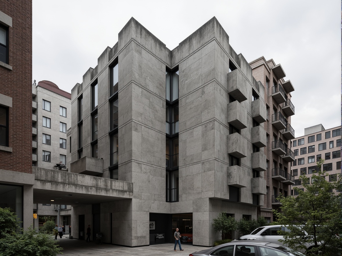 Prompt: Raw concrete textures, rugged stone walls, fortress-like structures, brutalist fa\u00e7ade designs, industrial materials, exposed ductwork, bold geometric shapes, angular lines, minimalist ornamentation, functional simplicity, urban cityscape, overcast sky, dramatic shadows, high-contrast lighting, 1/1 composition, symmetrical framing, realistic concrete rendering, ambient occlusion.