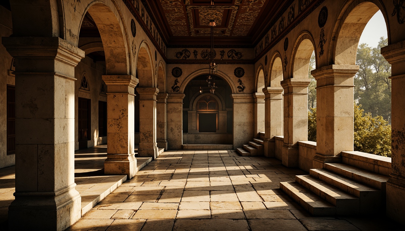 Prompt: Rustic stone walls, weathered arches, ornate carvings, intricate mosaics, vaulted ceilings, grandiose columns, distressed wood accents, worn stone floors, mysterious ambiance, warm golden lighting, dramatic shadows, 1/1 composition, low-angle shot, high-contrast textures, atmospheric perspective.