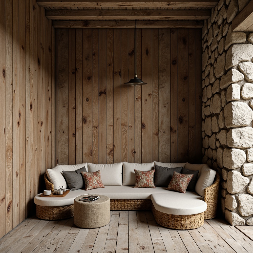 Prompt: Weathered wooden planks, distressed metal accents, rough-hewn stone walls, earthy color palette, natural textures, organic shapes, sustainable materials, eco-friendly construction, minimalist decor, functional simplicity, warm ambient lighting, soft shadows, 1/1 composition, realistic renderings, subtle depth cues.