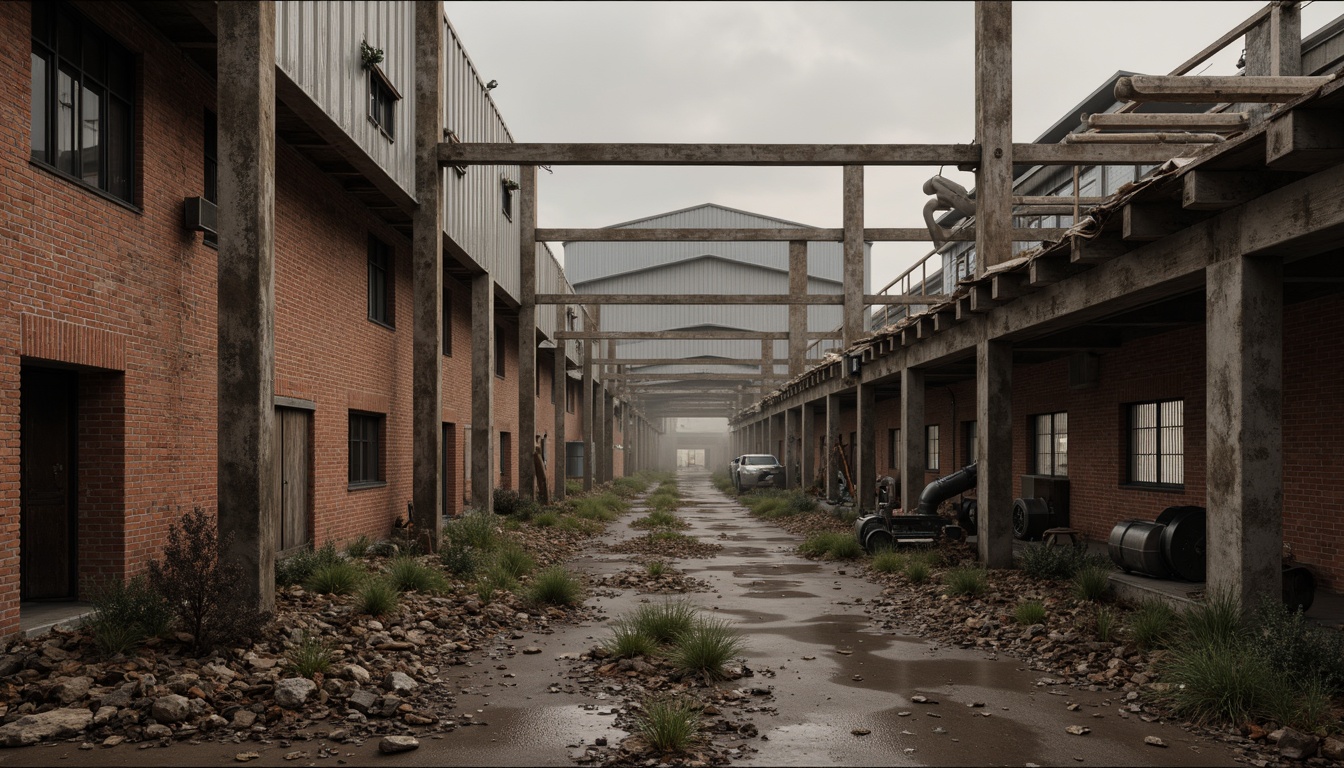 Prompt: Rustic industrial landscape, abandoned factories, worn brick walls, corrugated metal roofs, crumbling concrete structures, distressed wooden beams, exposed ductwork, vintage machinery, steel pipes, reclaimed wood accents, earthy color palette, warm natural lighting, atmospheric fog, shallow depth of field, 1/1 composition, realistic textures, ambient occlusion.