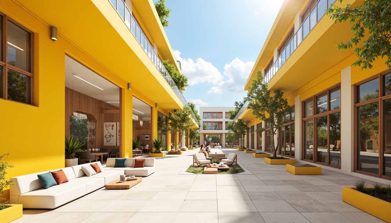 Prompt: Vibrant yellow accents, modern architectural design, sleek lines, minimalist aesthetic, bright sunny day, warm natural light, optimistic atmosphere, cheerful ambiance, citrus-inspired hues, creamy whites, rich woods, metallic trim, glass partitions, open floor plans, spacious interiors, statement walls, geometric patterns, bold typography, playful decorative elements, inviting outdoor spaces, lively urban landscapes, bustling streetscapes.