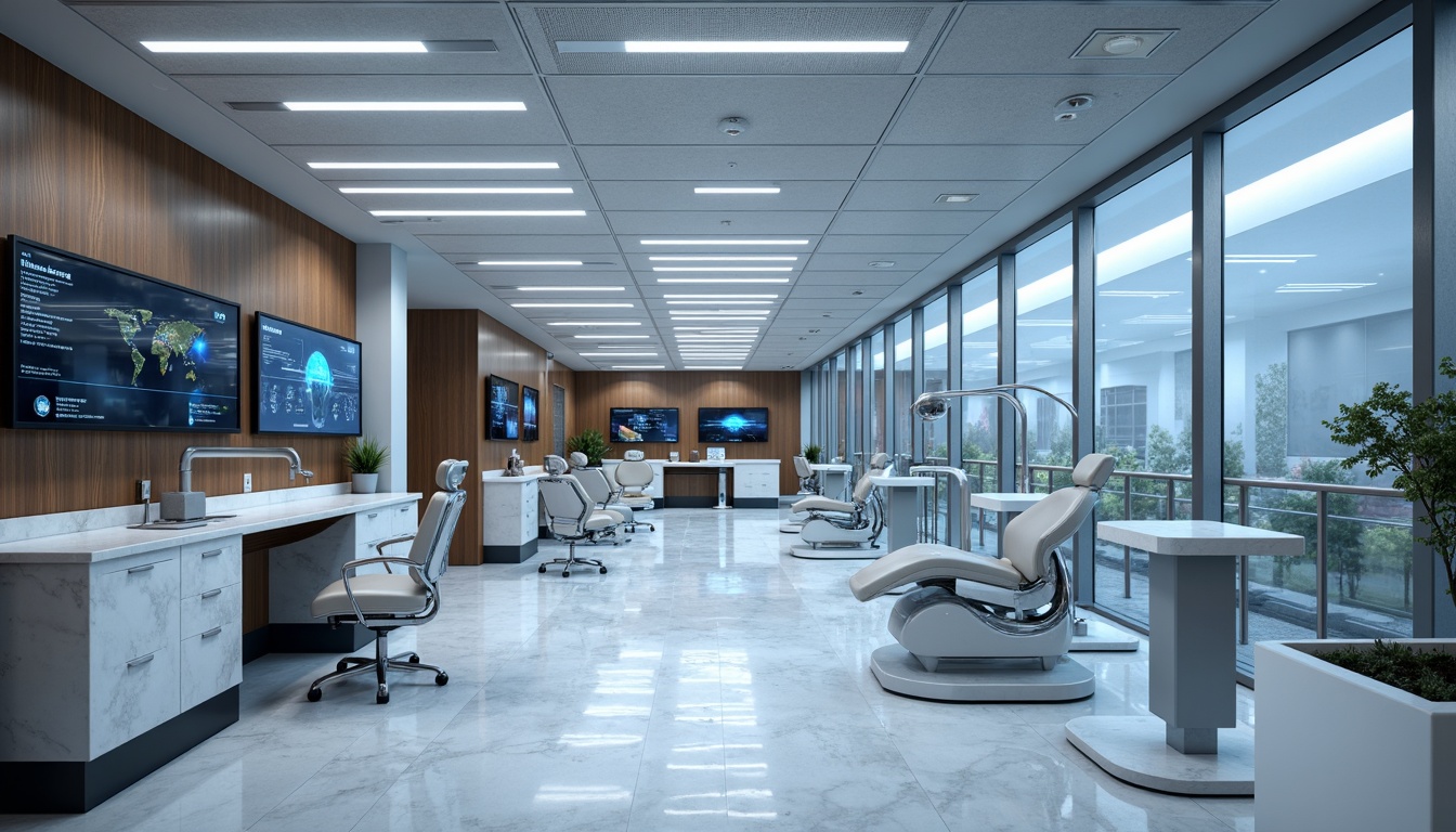 Prompt: Streamlined dental clinic interior, modern minimalist aesthetic, sleek stainless steel equipment, polished chrome fixtures, white Carrara marble countertops, glass partitions, ergonomic leather chairs, ambient LED lighting, calming blue-grey color scheme, acoustic ceiling panels, sound-absorbing materials, natural stone flooring, high-gloss wood accents, futuristic digital displays, 3/4 composition, shallow depth of field, realistic textures, soft warm lighting.