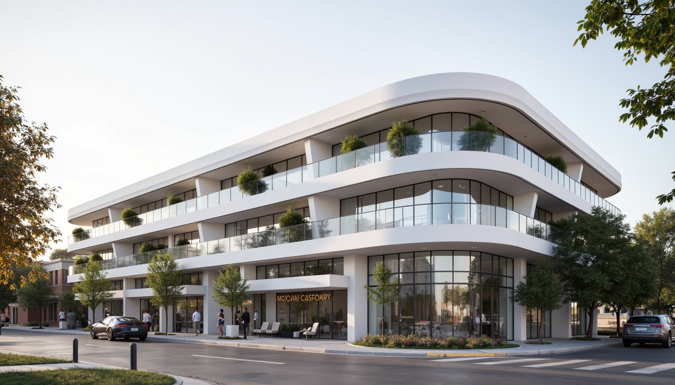 Prompt: Curved building facade, streamlined moderne design, white stucco exterior, chrome accents, rounded corners, horizontal lines, minimal ornamentation, large windows, sliding glass doors, neutral color palette, calming atmosphere, medical equipment signage, dental clinic logo, waiting area seating, minimalist landscaping, small trees, urban street context, morning sunlight, soft natural lighting, shallow depth of field, 2/3 composition, realistic textures, ambient occlusion.