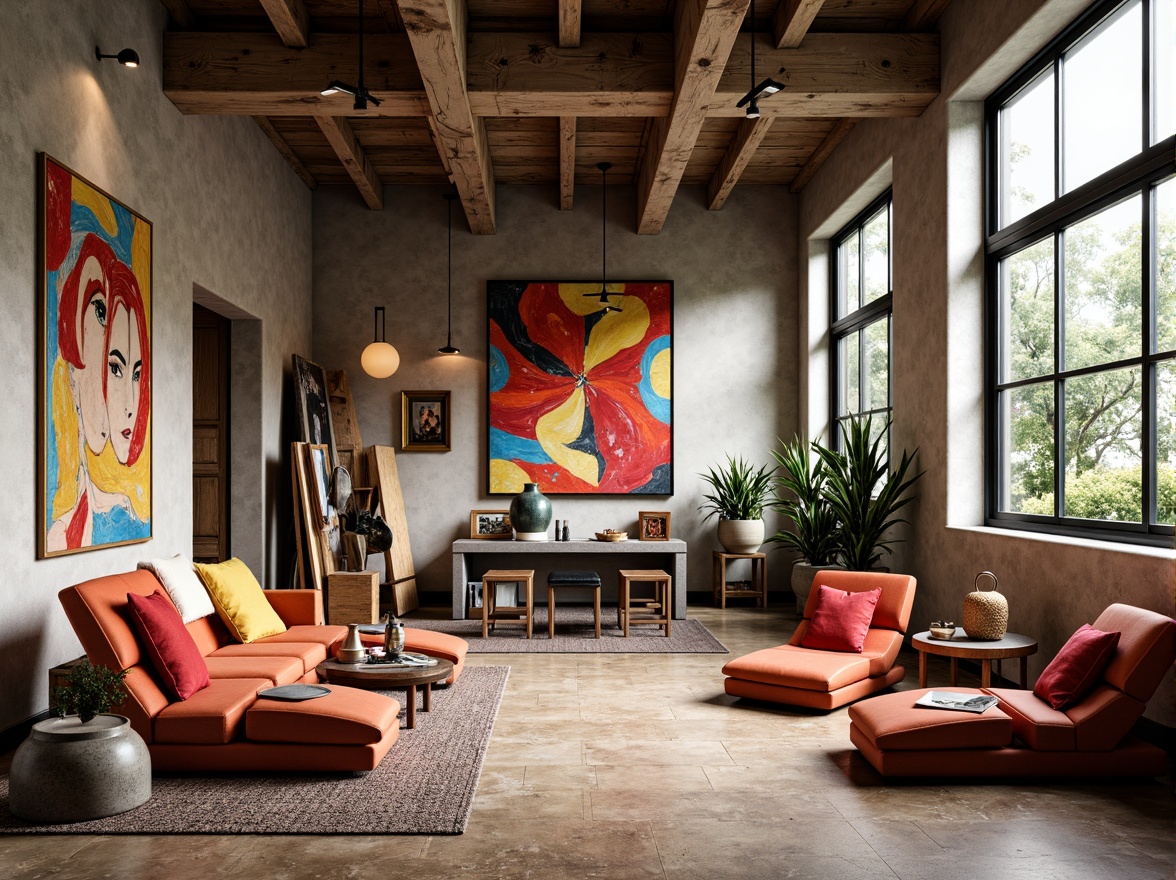 Prompt: Vibrant art studio, eclectic furniture, bold color blocking, contrasting textures, abstract artwork, sleek metal accents, reclaimed wood floors, natural stone walls, floor-to-ceiling windows, abundant daylight, warm ambient lighting, 3/4 composition, shallow depth of field, panoramic view, realistic renderings, ambient occlusion.