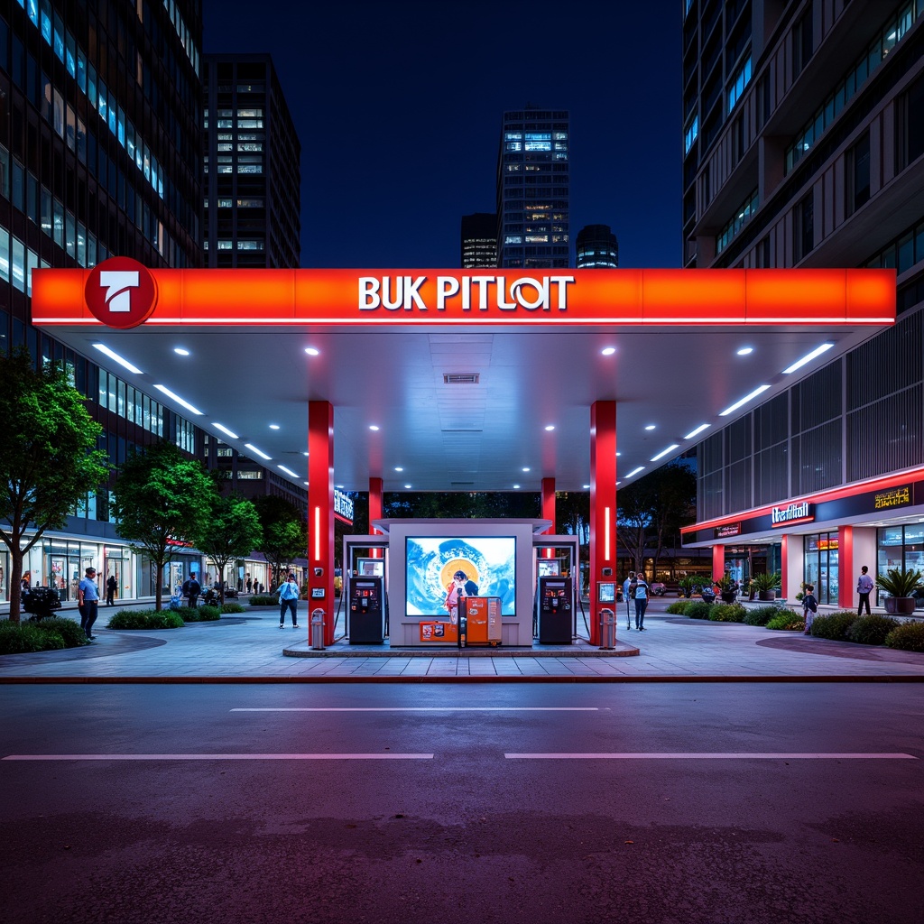 Prompt: Vibrant gas station, bold signage, bright LED lights, primary colors, contrasting hues, fuel pumps, modern architecture, sleek metal canopies, transparent glass walls, neon accents, urban landscape, bustling streets, dynamic cityscape, fast-paced atmosphere, dramatic lighting, high-contrast colors, 2/3 composition, shallow depth of field, realistic textures, ambient occlusion.