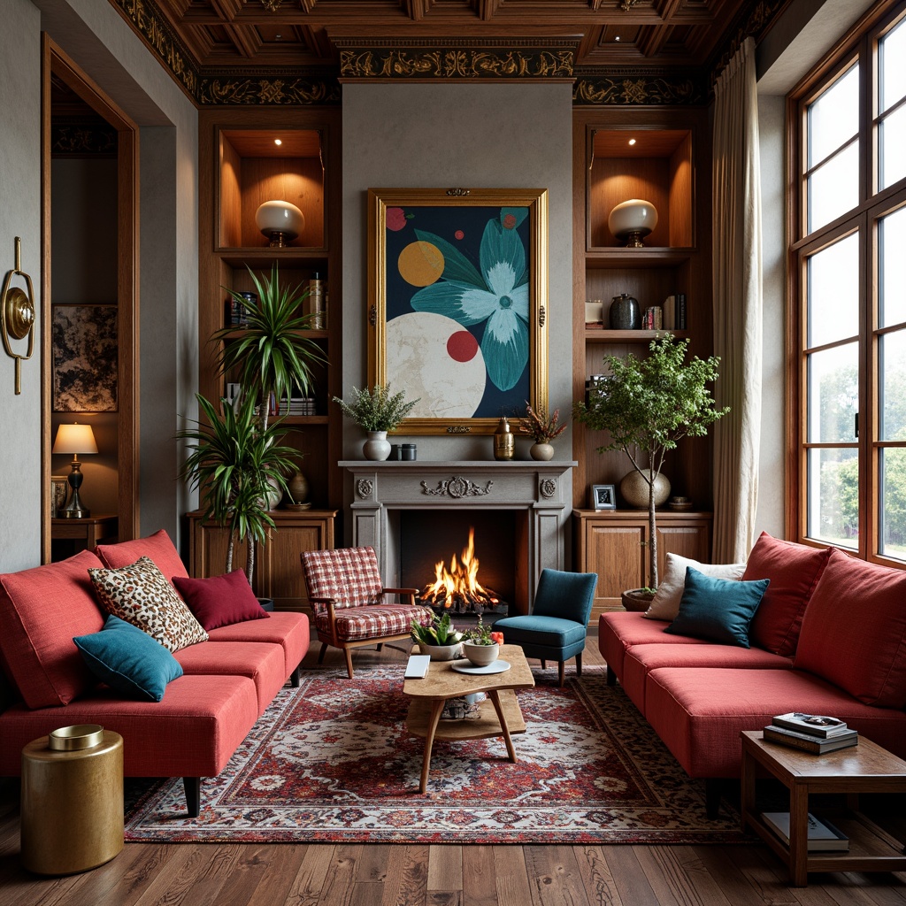 Prompt: Vibrant eclectic interior, mix-and-match furniture, bold patterned rugs, distressed wood accents, antique decorative objects, rich velvet fabrics, metallic gold frames, abstract artwork, ornate architectural details, soft warm lighting, shallow depth of field, 1/1 composition, realistic textures, ambient occlusion.