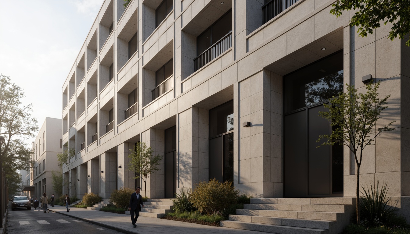 Prompt: Grand courthouse building, modernist facade, clean lines, rectangular forms, symmetrical composition, granite stone walls, large windows, metal frames, minimalist ornamentation, neutral color palette, subtle textures, natural light reflection, shallow depth of field, 1/2 composition, architectural photography, high-contrast lighting, dramatic shadows, urban cityscape, morning mist, soft warm atmosphere.