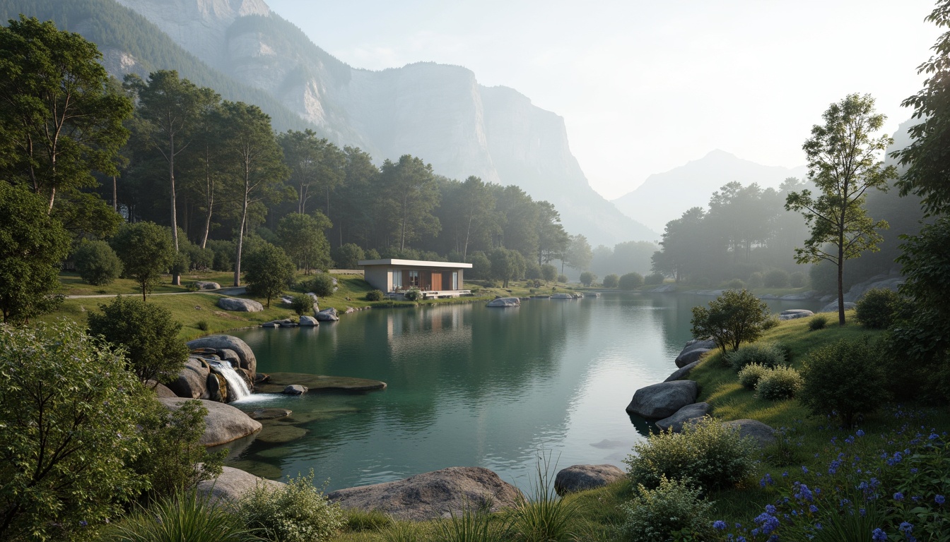 Prompt: Mountainous landscape, serene lake, lush greenery, waterfalls, misty atmosphere, eco-friendly architecture, blending into surroundings, natural stone walls, wooden accents, large windows, panoramic views, minimalist design, earthy color palette, organic shapes, curved lines, seamless integration, harmony with nature, soft warm lighting, shallow depth of field, 3/4 composition, realistic textures, ambient occlusion.