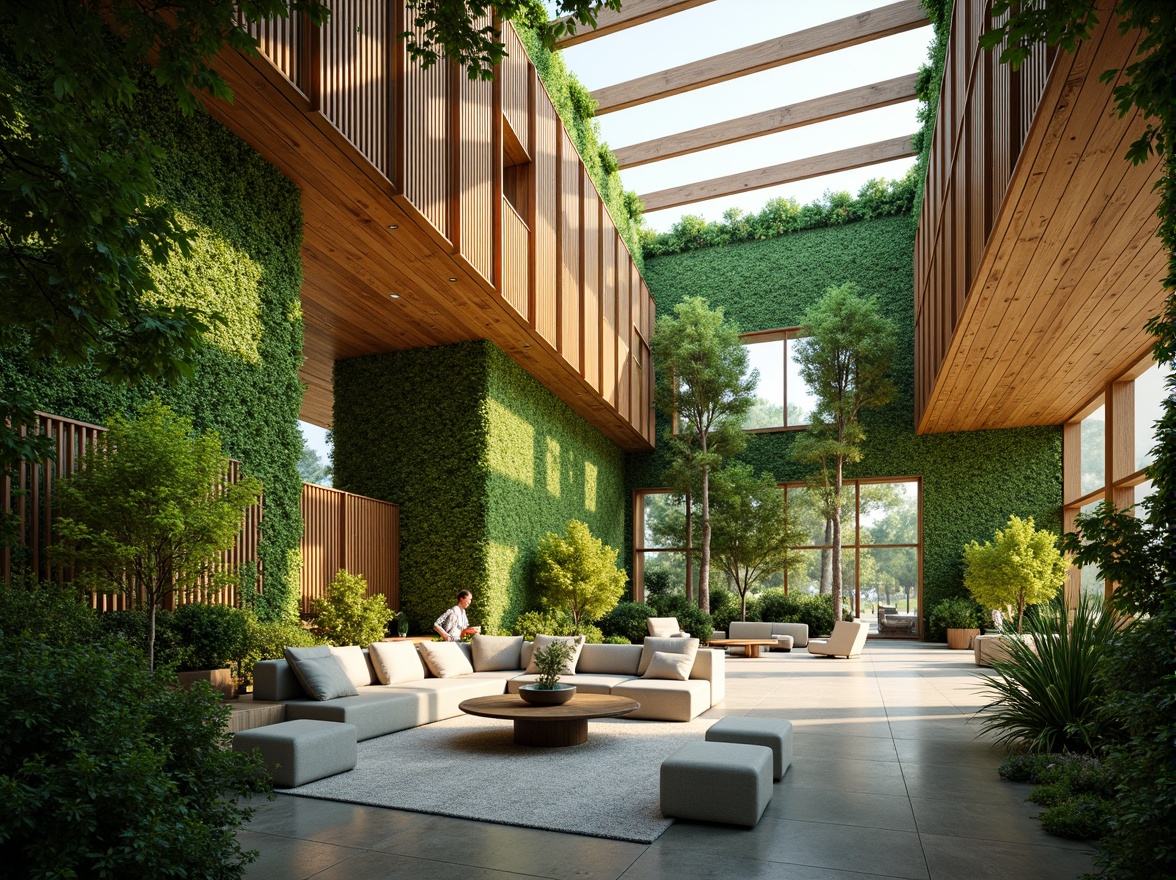 Prompt: Vibrant green walls, natural wood accents, earthy tones, sustainable materials, energy-efficient systems, living roofs, lush greenery, vertical gardens, modern eco-friendly architecture, large windows, abundant natural light, soft warm ambiance, shallow depth of field, 3/4 composition, panoramic view, realistic textures, ambient occlusion.