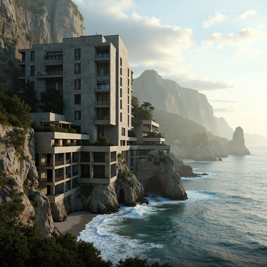 Prompt: Massive monolithic structures, rugged coastal cliffs, crashing ocean waves, salty sea air, weathered stone fa\u00e7ades, brutalist design, fortress-like buildings, imposing verticality, dramatic cantilevers, rough-hewn concrete textures, ocean-facing balconies, panoramic views, misty mornings, soft warm lighting, atmospheric perspective, 1/1 composition, cinematic depth of field, realistic water simulations.