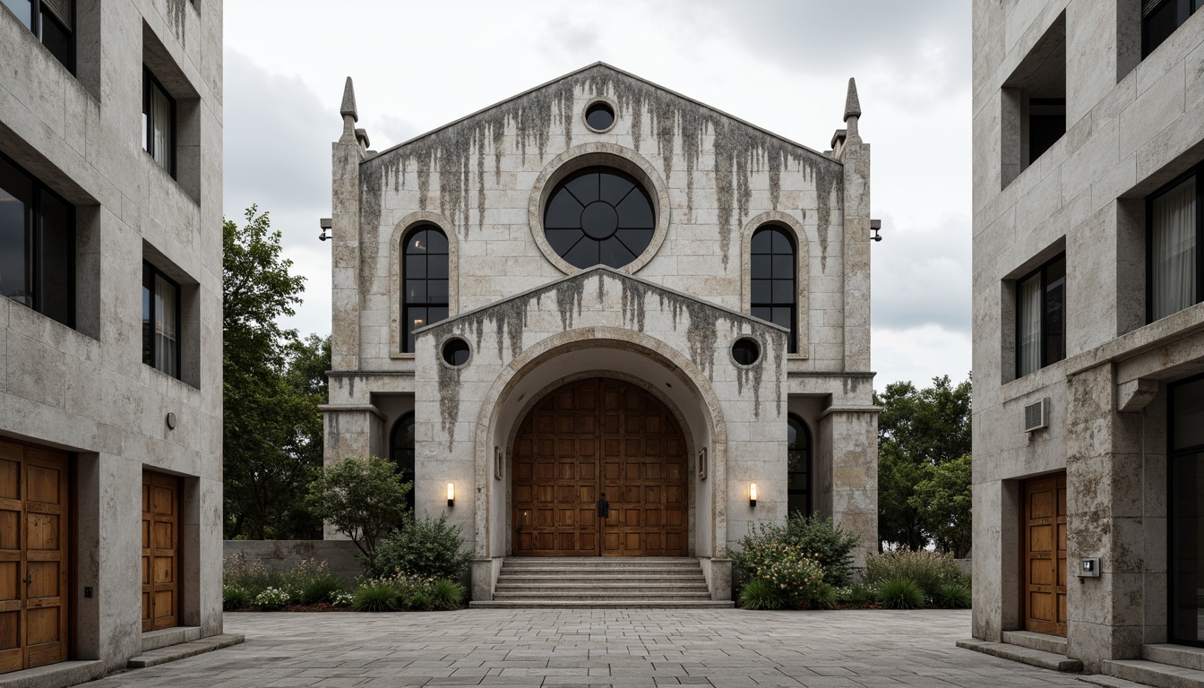 Prompt: Rugged church facade, rough-hewn stone walls, brutalist architecture, bold concrete structures, geometric patterns, raw unfinished textures, industrial-style windows, minimalist details, weathered steel accents, rustic wooden doors, overcast sky, diffused natural light, high-contrast shadows, dramatic composition, 1/2 format, atmospheric perspective, realistic materials, ambient occlusion.